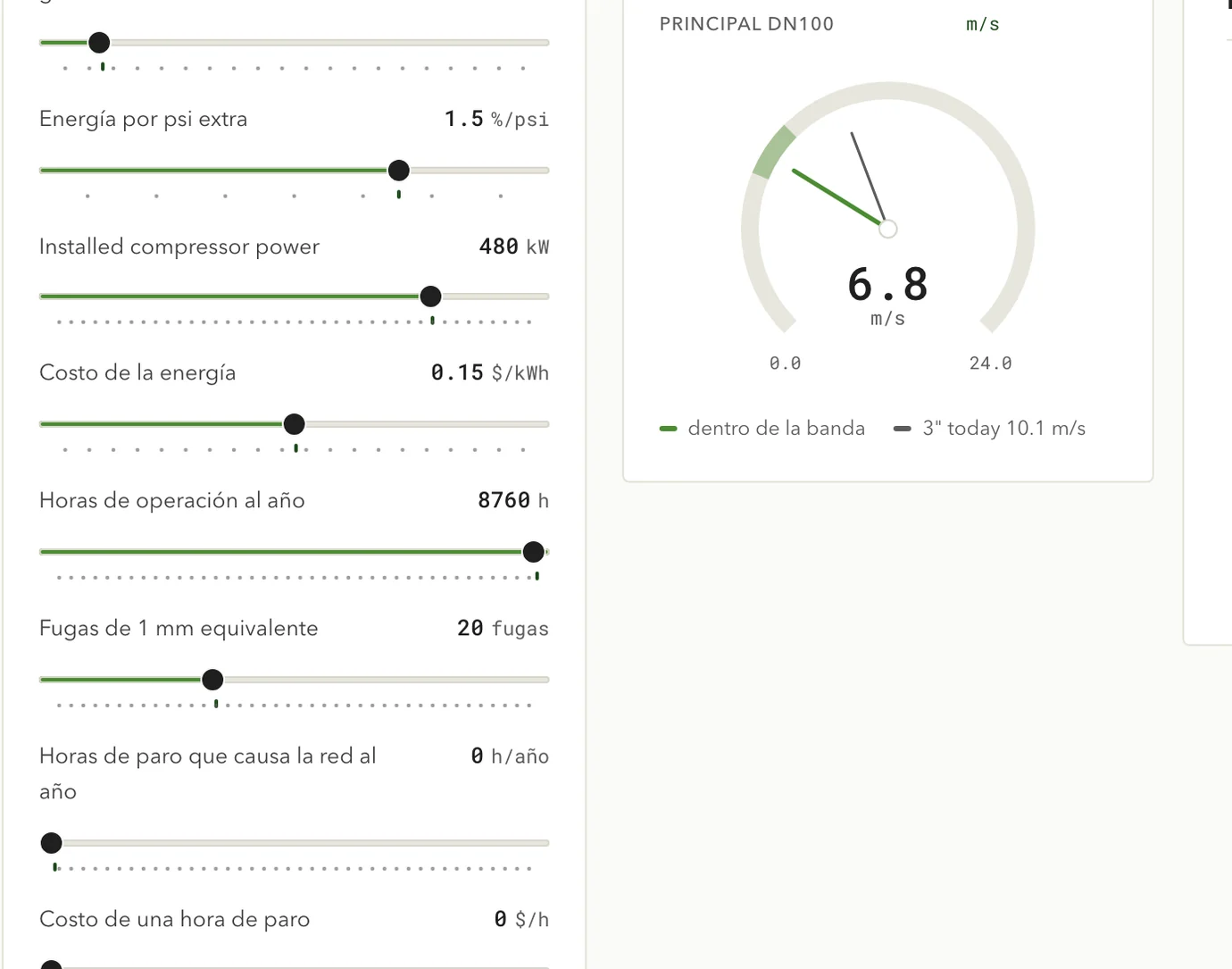 Calculadora de dimensionamiento y retorno: condiciones de operación y velocidad en el principal